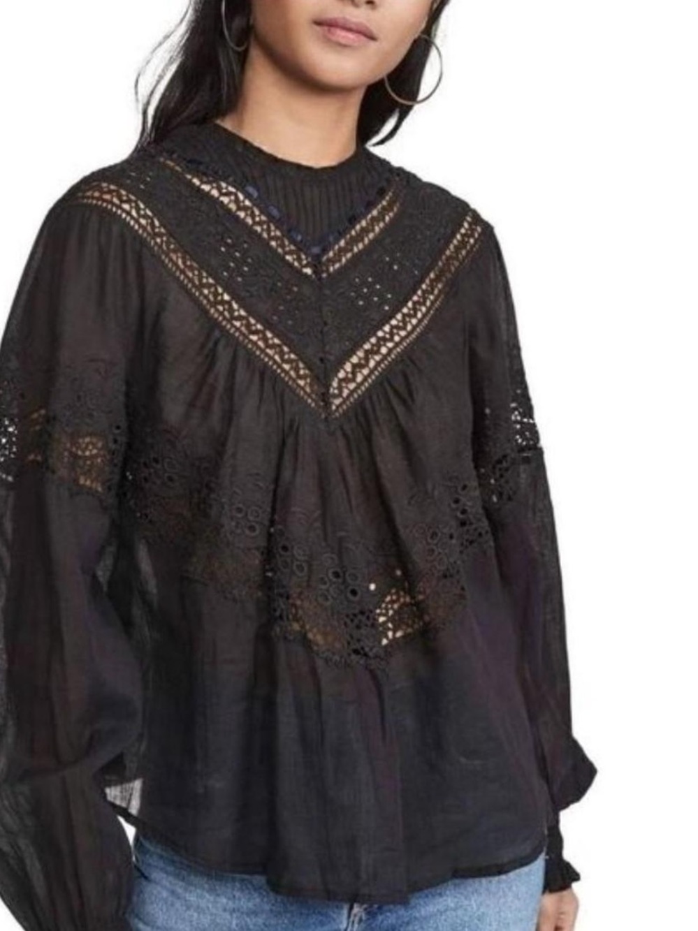 NWT Free People Black Lace & Eyelet Peasant Blouse $128